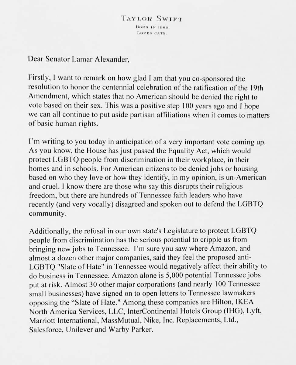 天后泰勒为LGBTQ发声督促议员支持平权法案:法律对公民需一律平等-NICEGAY